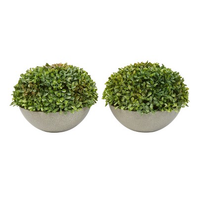 Nature Spring Set of 2 Faux Boxwood Matching Realistic 6" Tall Topiary Arrangements in Decorative Stone Bowls for Indoor Use