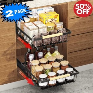 MaseiKar 2 Pack Pull Out Cabinet Organizer, Metal Slide Out Drawers for Cabinets, Sliding Drawers Adhesive Nano Film Roll out Shelf for Kitchen Pantry - 1 of 4