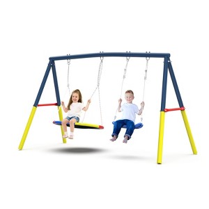 Okak Swing Set with Heavy-Duty A-Frame, Kids Swing with 1 Saucer Swing Seat & 1 Belt Swings Seat/Slide, Outdoor Swing for Boys and Girls - 1 of 4