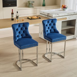 26" Counter Height Bar Stools Set of 2 with Button Tufted Back, Rivet Trim, Velvet Upholstery, and Sturdy Chromed Metal Base for Kitchen Island - 1 of 4