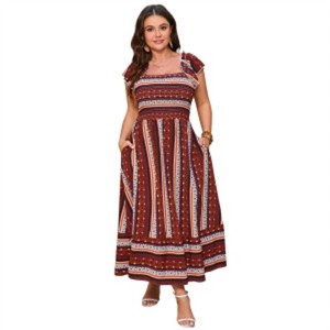 Clearlove Plus Size Women's Square Neck Shirred Floral Print Pocket Maxi Dress Casual Elegant Long Gown - 1 of 4