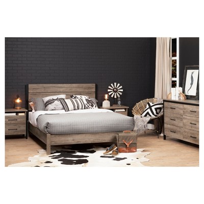 Weathered Oak Queen Platform Bed with Upholstered Headboard