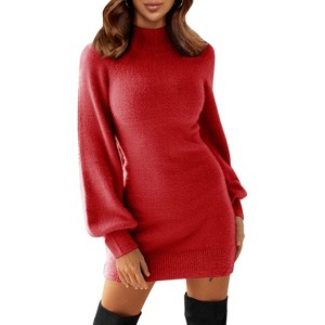 EXLURA Women's Mock Neck Ribbed Long Sleeve Bodycon Pullover Cute Mini Sweater Dress - 1 of 4