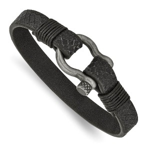 Black Bow Jewelry Antiqued Plated Stainless Steel Black Leather Shackle Bracelet, 8 Inch - 1 of 4