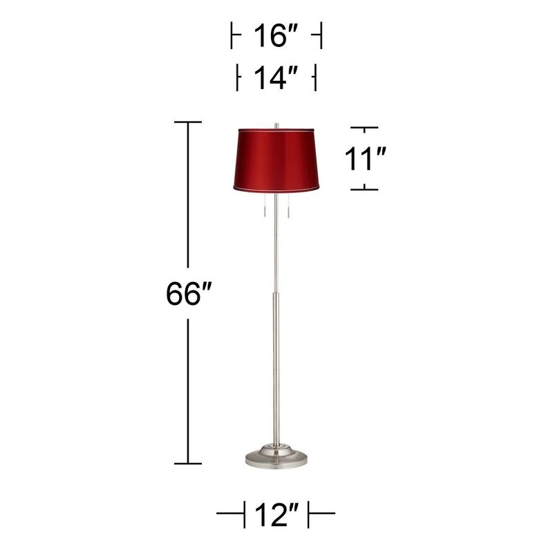 360 Lighting Abba Modern Floor Lamp Standing 66" Tall Brushed Nickel Silver Metal Red Satin Tapered Drum Shade for Living Room Bedroom Office House, 4 of 5