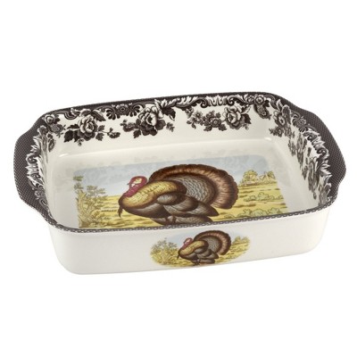 Spode Woodland 15"x12" Rectangular Handled Dish - Traditional Turkey Design, British Flowers Border, Fine Porcelain Bakeware, Dishwasher Safe