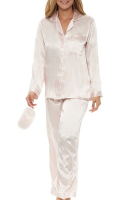 ADR Women's Satin Pajamas Set, Button Down Long Sleeve Top and Pants with Pockets, Silk like PJs with Matching Sleep Mask