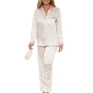 ADR Women's Satin Pajamas Set, Button Down Long Sleeve Top and Pants with Pockets, Silk like PJs with Matching Sleep Mask - 1 of 4