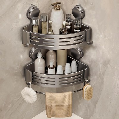Attop Corner Shower Shelf (2-Pack) – Suction Cup/Drill-Free Bathroom Organizer with Towel Bar Hooks (Matte Gray)