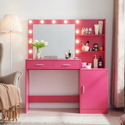 Vanity Desk And Stool Set, With Mirror & 11pcs LED Light Bulbs Makeup Vanity Table With 2 Open Shelves, 2 Drawers, 1 Makeup Stool For Living Room