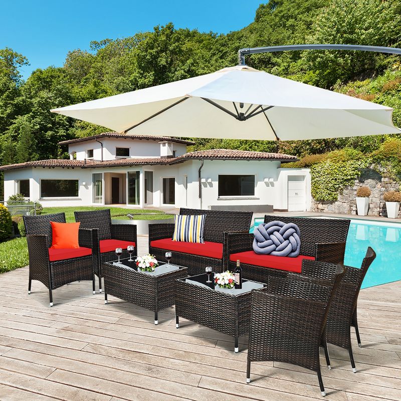 Costway 8PCS Rattan Patio Furniture Set Cushioned Sofa Chair Coffee Table Red\Brown\Turquoise, 1 of 11