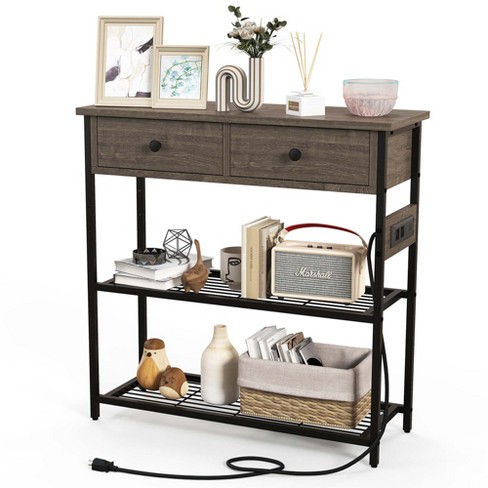 Costway Entryway Table With Charging Station Narrow Console Table With 2  Drawers Brown/oak : Target