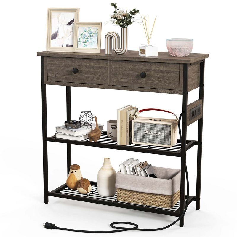 Costway Entryway Table with Charging Station Narrow Console Table with 2 Drawers Brown/Oak, 1 of 10