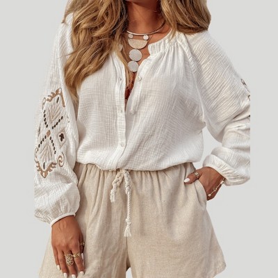 Amaryllis Women’s Textured Cotton Long Sleeve Blouse Stand Collar Embroidered Sleeve Button Front Relaxed
