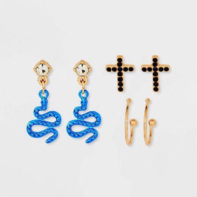 Cross and Anodized Snake Trio Hoop Earring Set - Wild Fable™ Gold