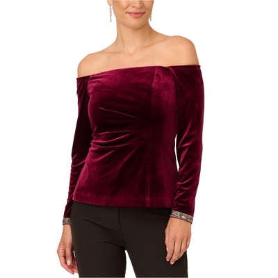 Adrianna Papell Womens Bead Velvet Top Off the Shoulder Blouse, Red, 8