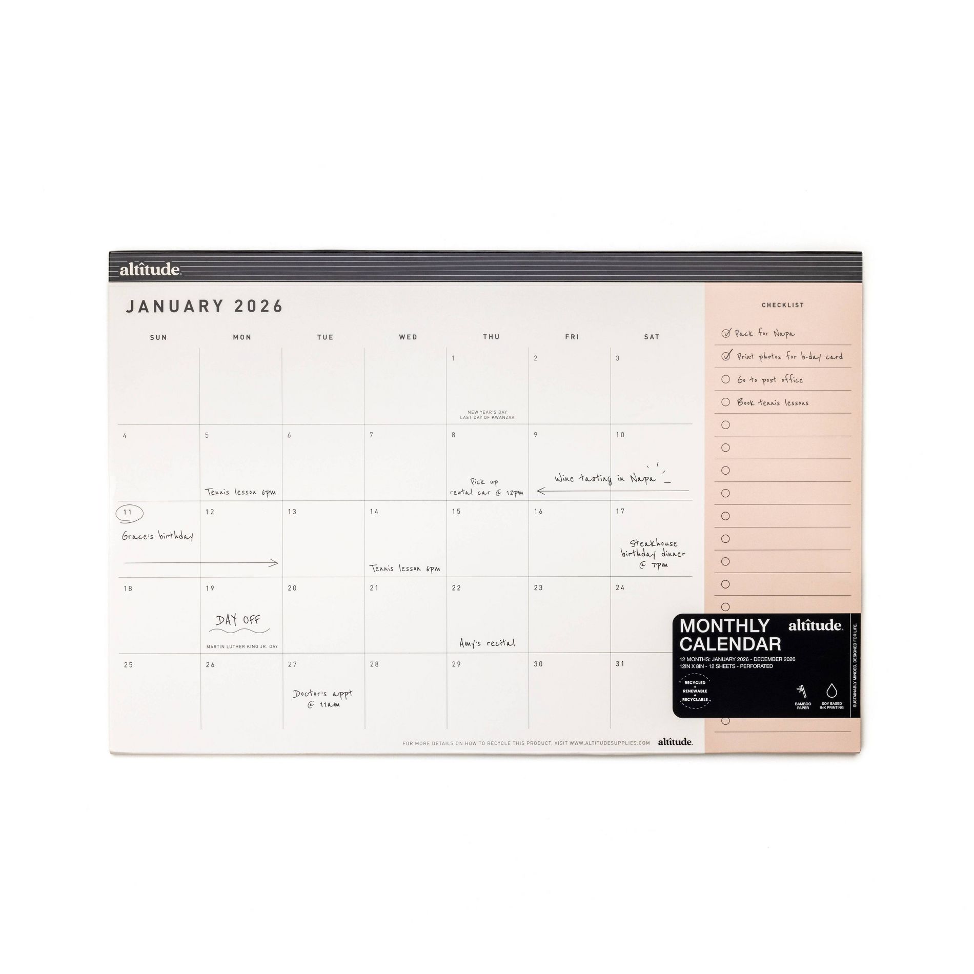 Altitude 2026 12 Months 12"x8" Desk Pad Calendar Monthly Powder Pink