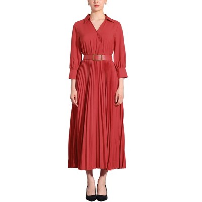 INSPIRE CHIC Women's Casual Pleated Collar V Neck Belted Maxi Dresses