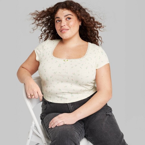 Women's Short Sleeve Pointelle Rosette T-shirt - Wild Fable™ Off-white  Floral Xxl : Target