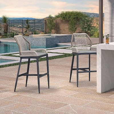 PURPLE LEAF 2 Pieces Bar Stools Patio Modern Rattan Barstools Aluminum Woven Tall Bar Chairs with Cushions for Outdoor Kitchen Island Garden