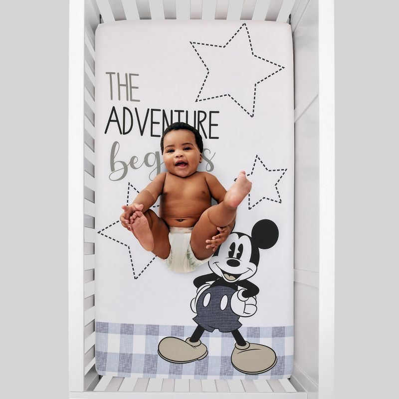 Disney Mickey Mouse - Call Me Mickey White and Blue The Adventure Begins Stars and Gingham 100% Cotton Photo Op Nursery Fitted Crib Sheet, 3 of 7