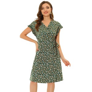 Allegra K Women's Boho Flutter Sleeve V Neck Belted A-Line Wrap Midi Floral Dress - 1 of 4