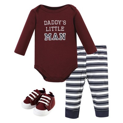 Image of Hudson Baby Infant Boy Cotton Bodysuit, Pant and Shoe Set, Boy Daddy Long Sleeve, 6-9 Months