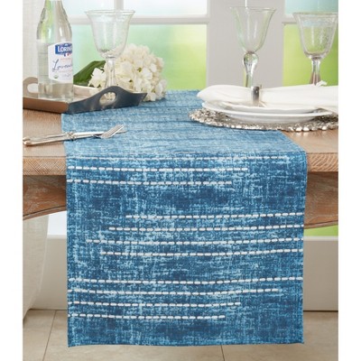 Blue Cotton Table Runner with Foil Print Dash Line Design