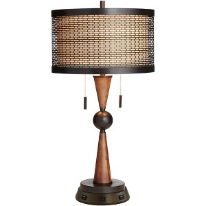 Franklin Iron Works Rustic Farmhouse Table Lamp with USB Outlet Workstation Base 28.75" Tall Antique Bronze Wood Double Drum Shade Living Room - 1 of 4