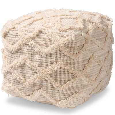 Carilyn Moroccan Ivory Handwoven Wool Blend Pouf Ottoman Ivory - Baxton Studio