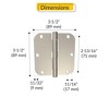 Brixwell 56-262SNK Plain Bearing Butt Hinge Radius Corners Non Rising Removable Pins Type 3-1/2" Height 3-1/2" Width Satin Nickel Finish Pair - 2 of 4