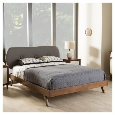 Penelope King-Size Walnut Wood Frame with Grey Tufted Upholstery Bed