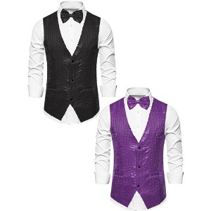 Lars Amadeus Men's Sleeveless Sparkle Sequin Party Prom Waistcoat with Bow Tie 2 Packs - 1 of 4