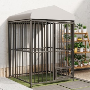 Outdoor Dog Kennel with Roof, Heavy-Duty Large Dog Cage with Lock, Waterproof Cover & Bowls, Secure Metal Pet Enclosure - 1 of 4