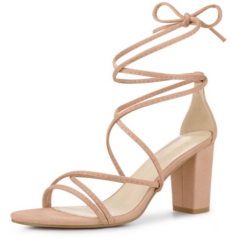 Perphy Women Lace Up Strappy Chunky Heel Sandals Nude 9 : Target