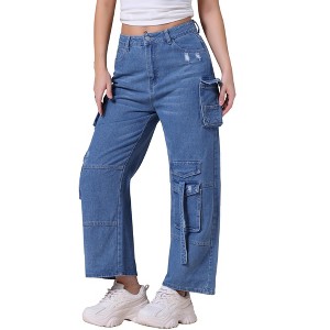 INSPIRE CHIC Women's Straight Wide Leg High Waist Baggy Cargo Denim Pants with Pockets - 1 of 4