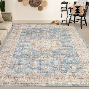 Washable Boho Area Rug, Non-Slip Low Pile Vintage Carpet, Soft Accent Floor Cover for Living Room or Bedroom - 1 of 4