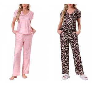 INSPIRE CHIC Women's 2 Pcs Short-Sleeve V-neck Tee & Drawstring Pants Pajama Sets with Pockets - 1 of 4