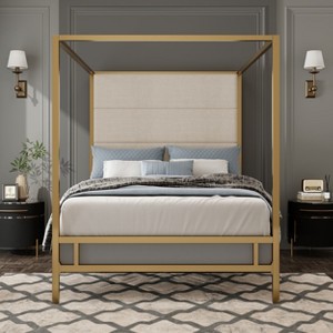 Queen/King Size Canopy Bed Metal 4-Poster Bed Frame with Tall Linen Fabric Upholstered Headboard, Box Spring Needed, Gold+Tan/Black+White-ModernLuxe - 1 of 4