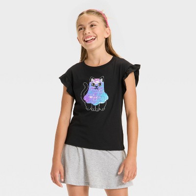 Girls' Short Sleeve Halloween 'Ghost Cat' Flip Sequin T-Shirt - Cat & Jack™ Black