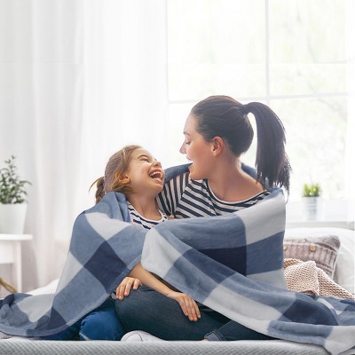 1 Pc Twin Microfiber Reversible Double Sided Plush Fleece Bed Blankets Blue and White - PiccoCasa