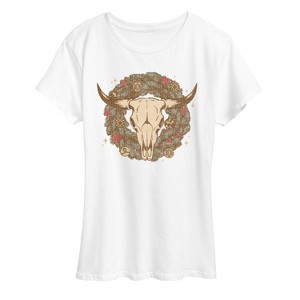 Women's - Instant Message - Cow Skull Wreath Short Sleeve Graphic T-Shirt - 1 of 4