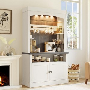 Acekool Coffee Bar Cabinet, Tall Farmhouse Buffet with Glass Shelf, Storage Hutch, Wine Rack, Adjustable Lighting, Antique White & Oak, 72"x42" - 1 of 4