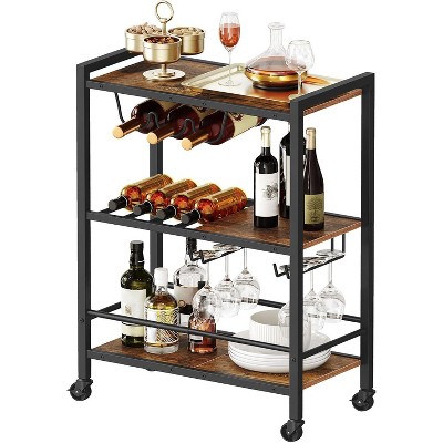 MaseiKar Bar Cart, 3-Tier Coffee Cart with Wheels, Kitchen Cart, Wine Cart with Wine Rack and Glass Holder, Rolling Serving Cart for Home, Bar,  Brown