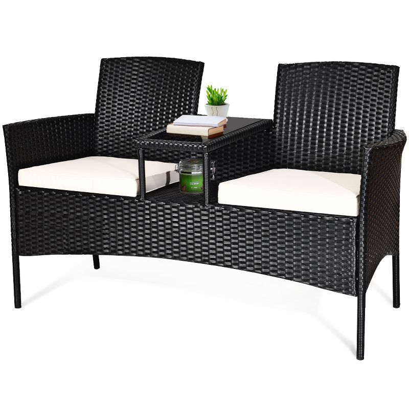 Costway Patio Rattan Conversation Set Seat Sofa Cushioned Loveseat Glass Table Chairs, 3 of 10
