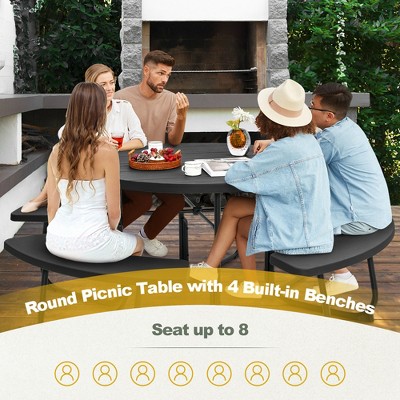 Black 8-Person Round Picnic Table with Benches and Umbrella Hole
