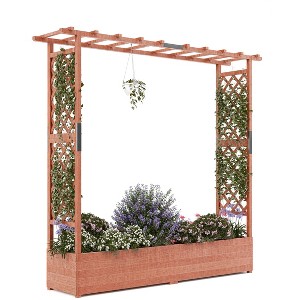 GustoWave Elevated Garden Bed with Arch Trellis & Hanging Roof for Vine Climbing Plants, Wood Planter Box with Hanging Roof, 4 Drainage Holes - 1 of 4