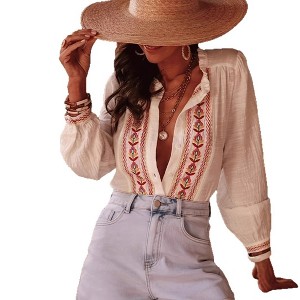 Coolmee Women's Button Down Shirt Lantern Sleeve Floral Boho Blouse Dressy Top - 1 of 4