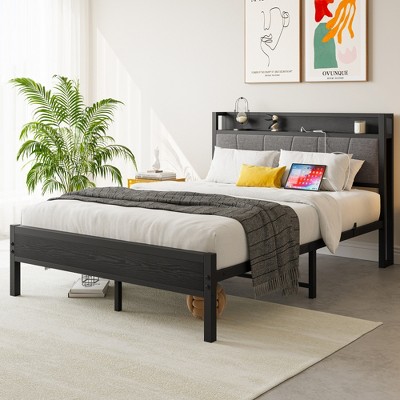 ALEXOUN Vintage Bed Frame with Upholstered Headboard,Metal Platform Bed Frame with Underbed Storage,No Box Spring Needed