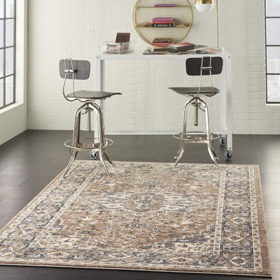 Beige & Grey Synthetic 45.67" Round Area Rug with Stain-Resistant Finish